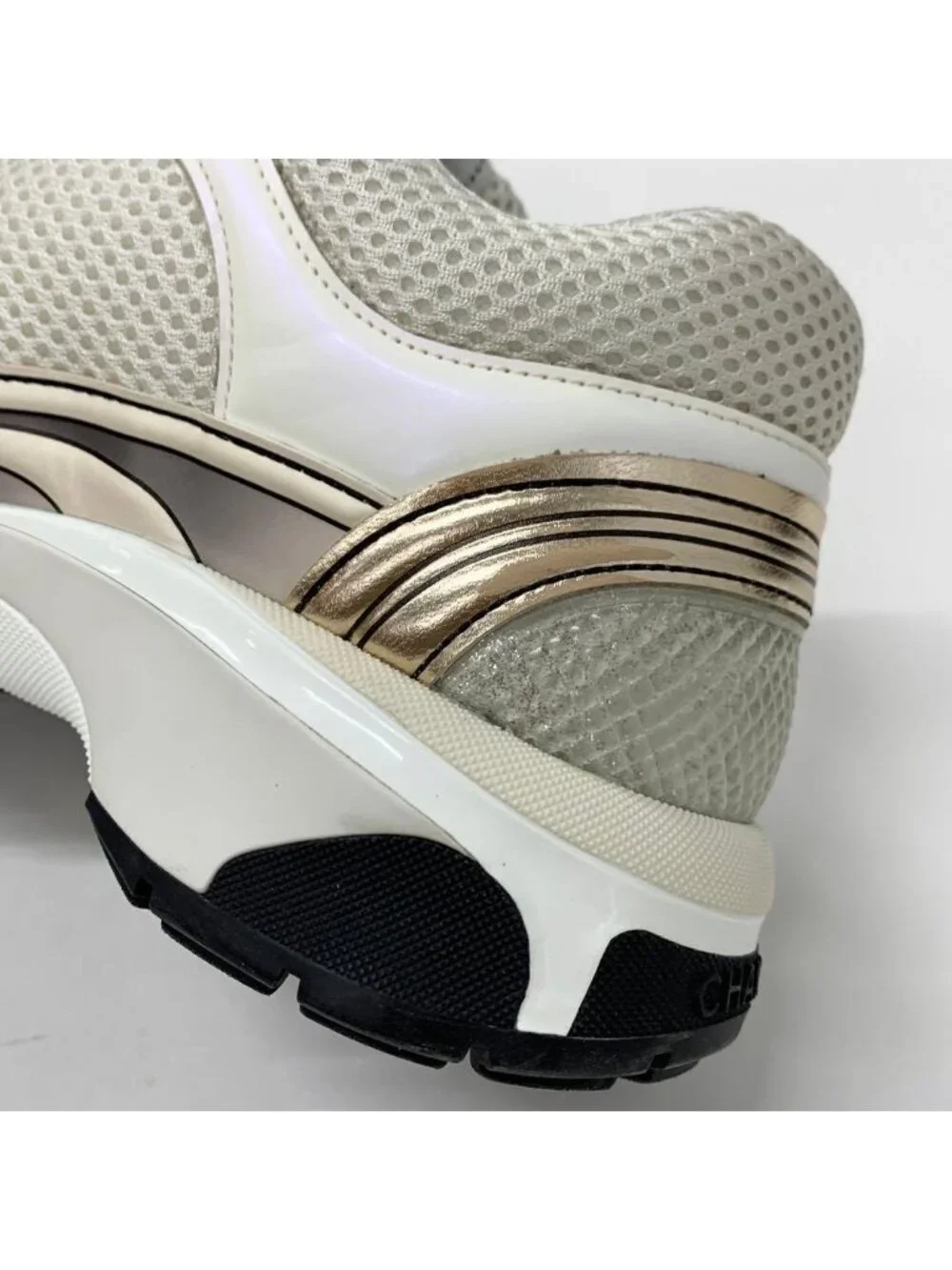 Chanel CC Logo Mesh Leather Sneakers Beige